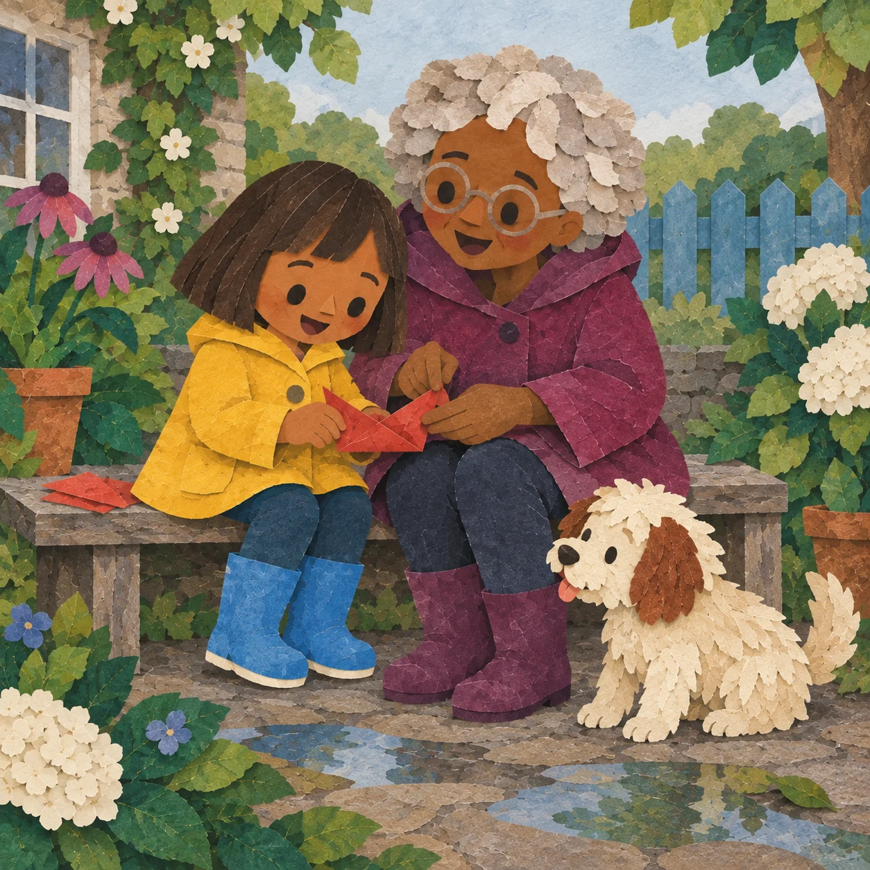 Gran and Mila fold a red paper boat together on a garden bench while Pip watches.
