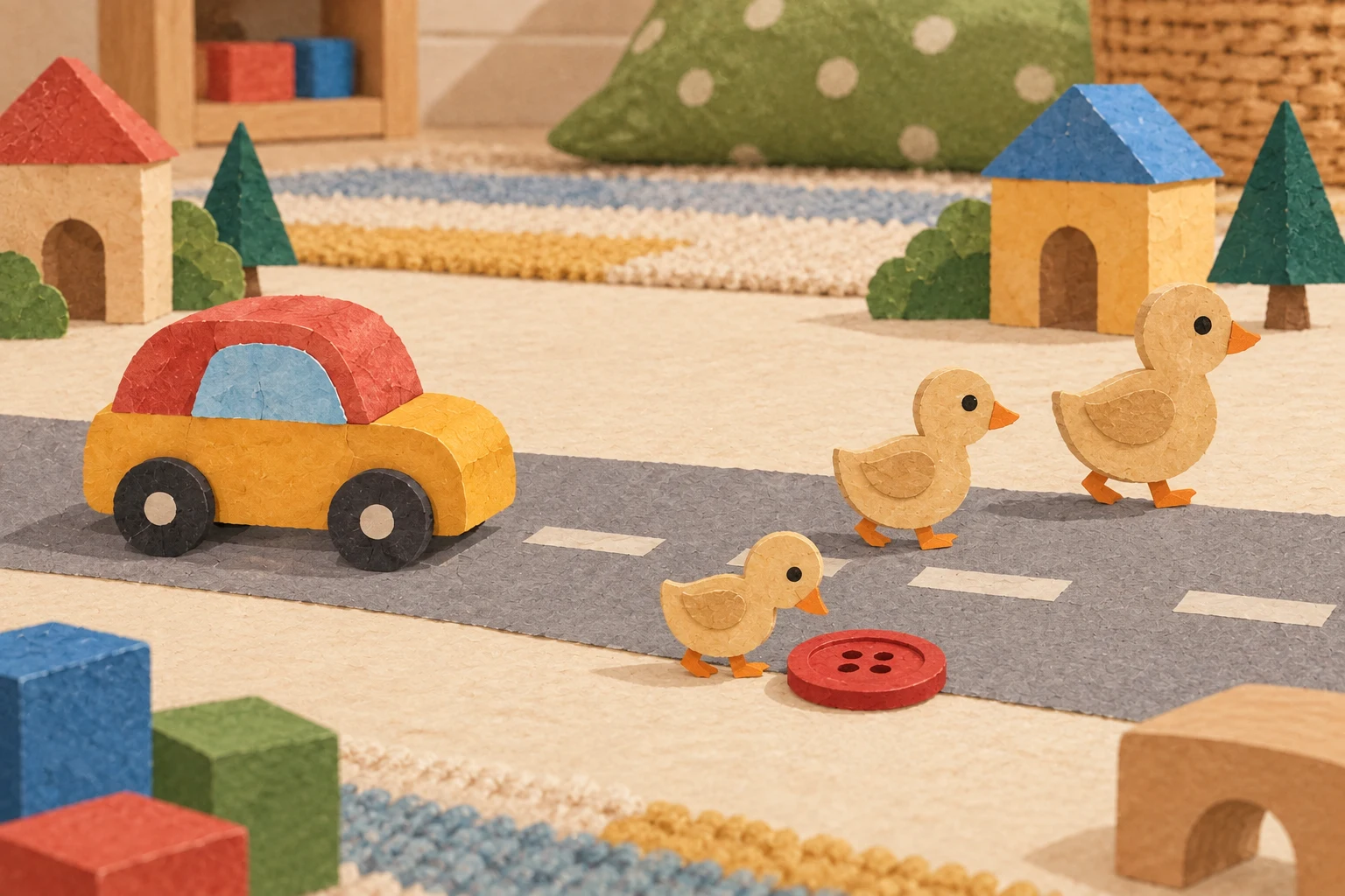 The yellow car waits as three wooden toy ducks cross its road; the smallest duck pauses beside a large red button.