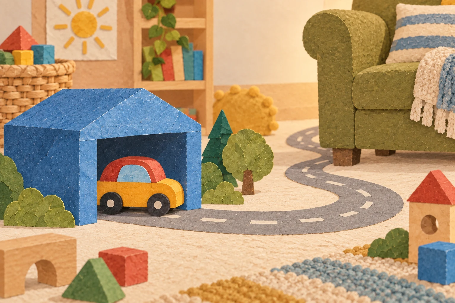 The yellow toy car rests inside its blue block garage, while a paper road curves toward a cozy armchair.