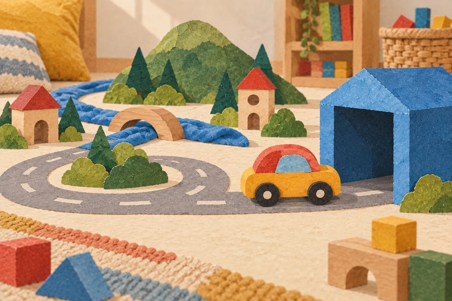 The yellow car returns toward its blue block garage, with the winding toy-town road behind it.