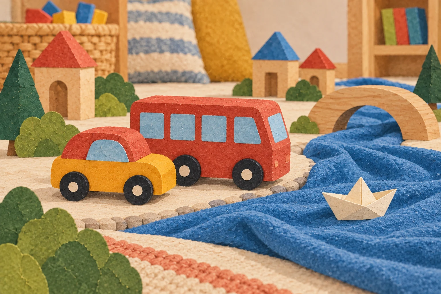 A yellow toy car and a red toy bus sit beside a blue scarf river while a little paper boat floats along it.