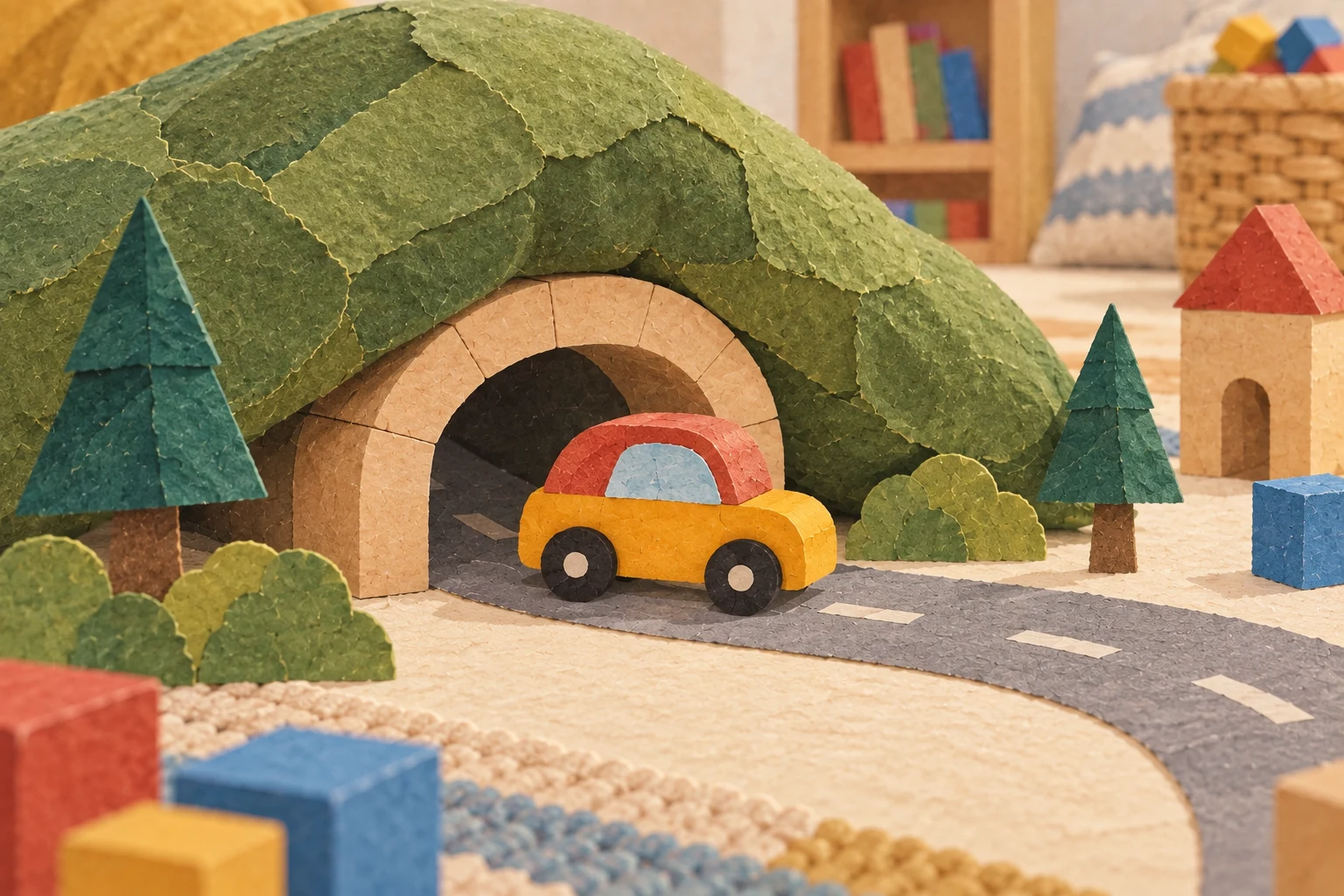 The yellow car rolls through a tunnel beneath a green cushion, following a cut-paper road.