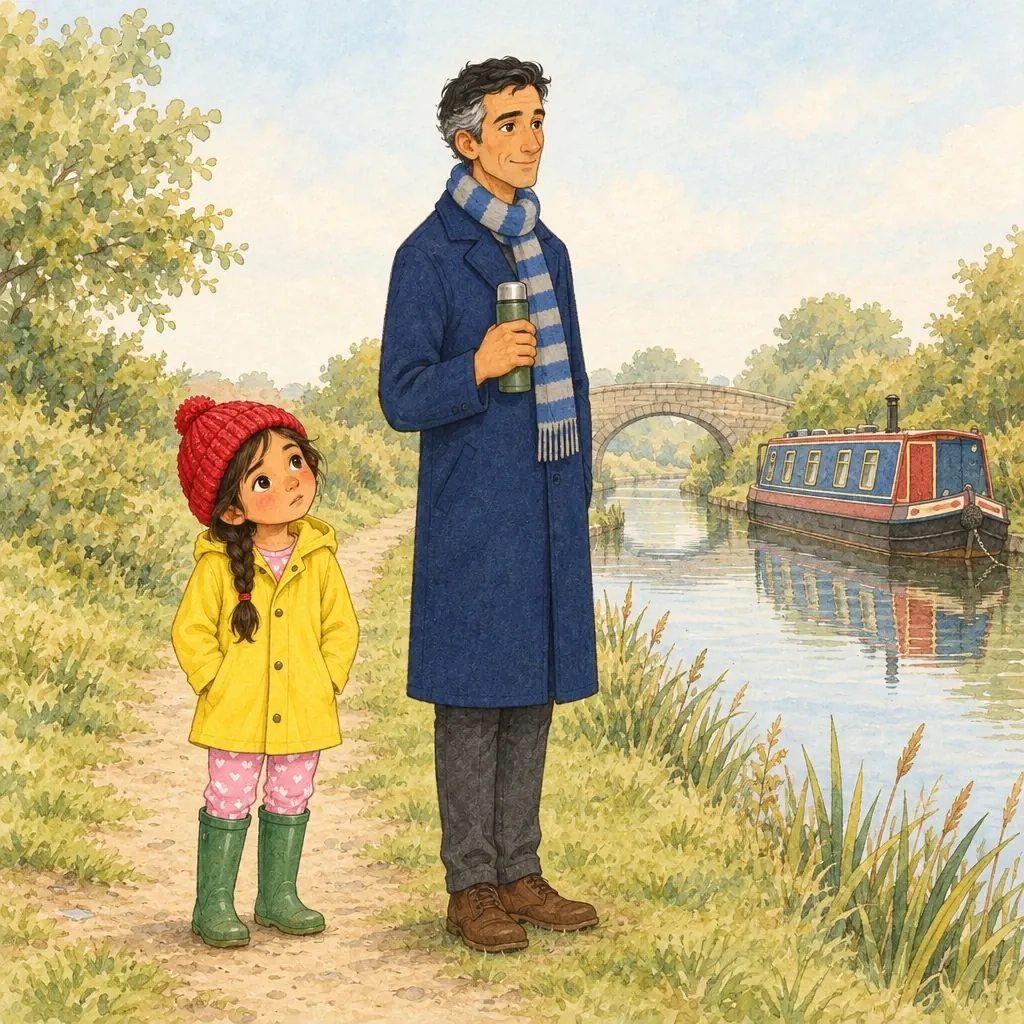 Papa stands perfectly still on the towpath while Ines looks up at him, unsure.