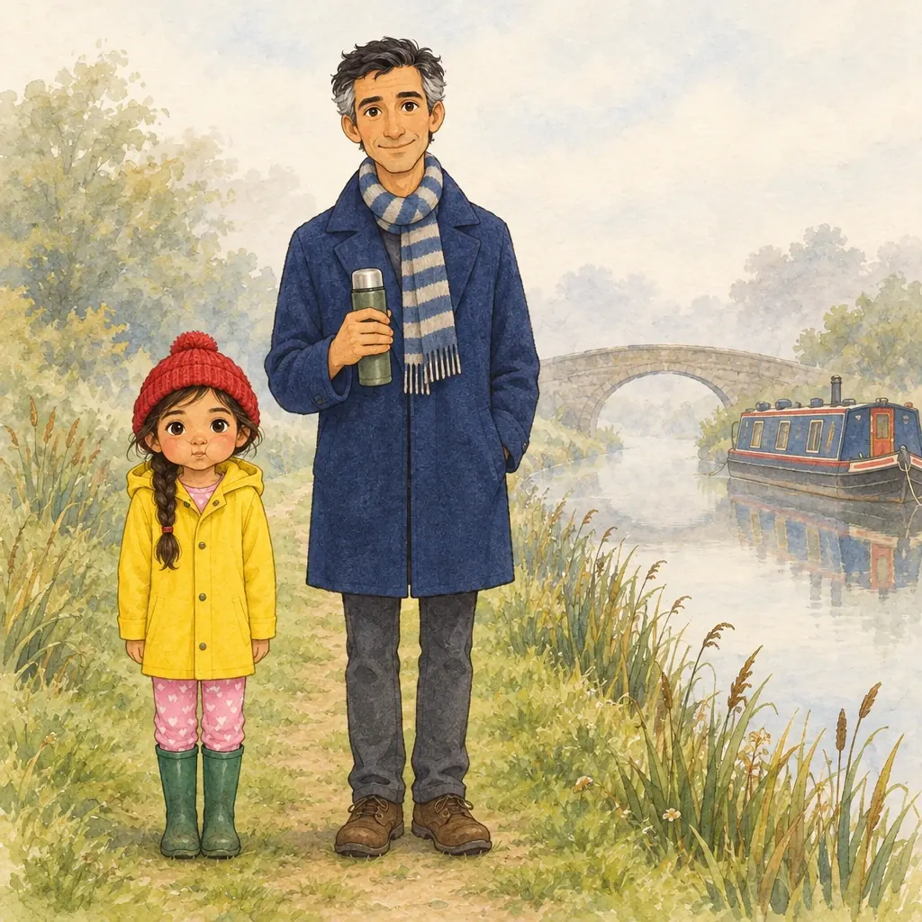 Ines stands stiffly with puffed-out cheeks, trying hard to keep still beside Papa.
