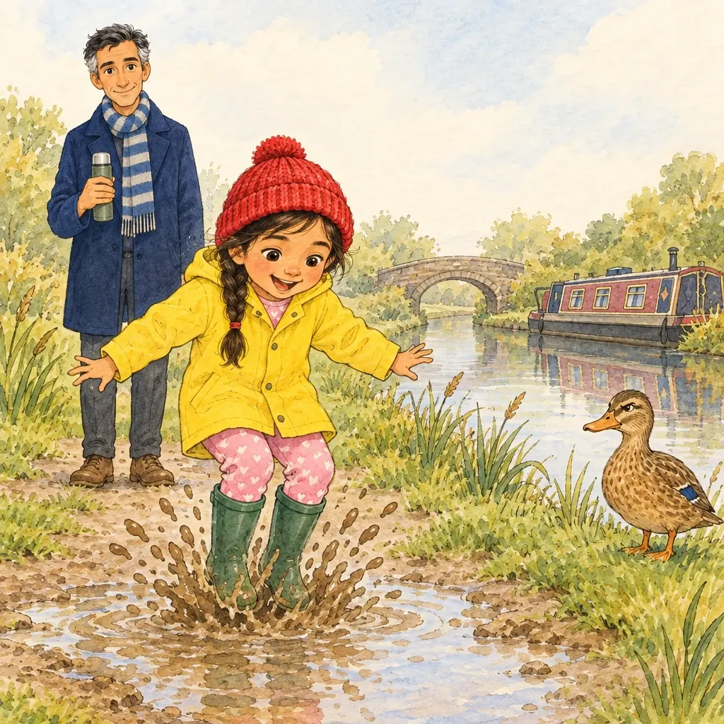 Ines lands in a puddle with a big splash while a grumpy duck stares at her.