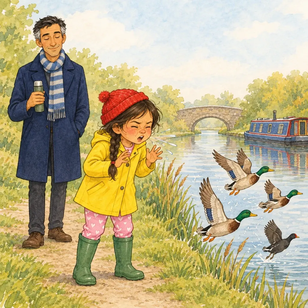 Ines sneezes hugely and three ducks and a moorhen flap away in a hurry.