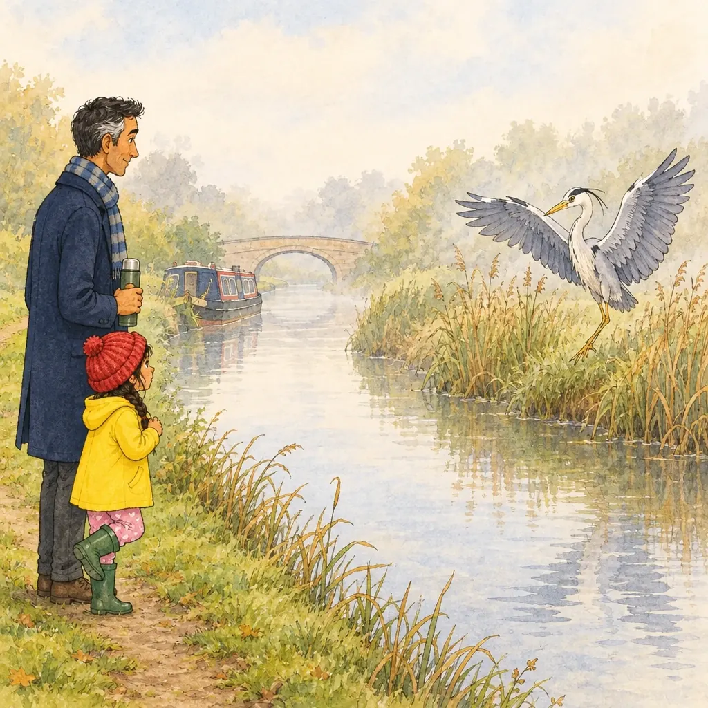 A grey heron glides low over the canal to land on the far bank while Ines and Papa watch, frozen.