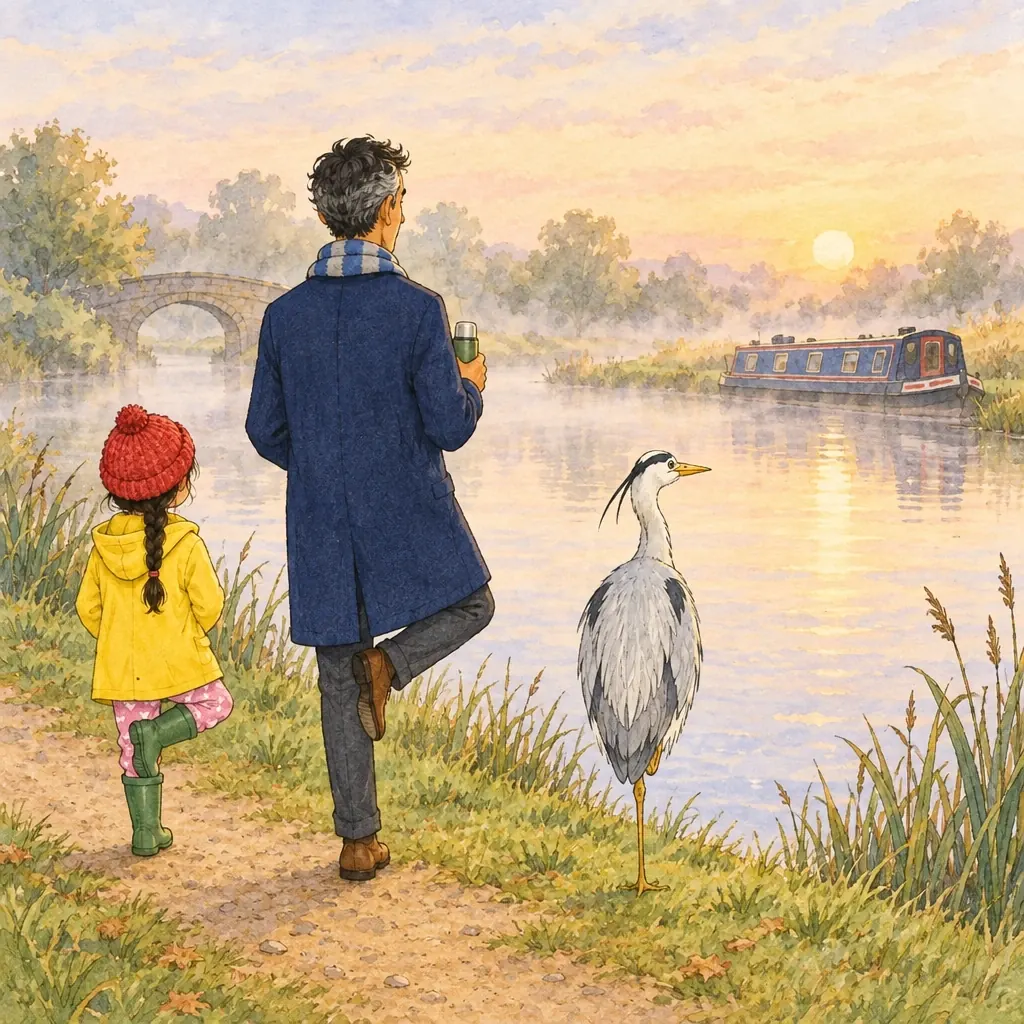 Ines, Papa and the heron all stand on one leg by the canal as the sun comes up.