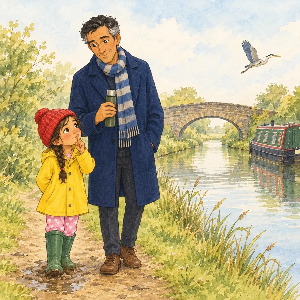 The heron flies over the bridge while Ines puts a finger to her lips and Papa grins.