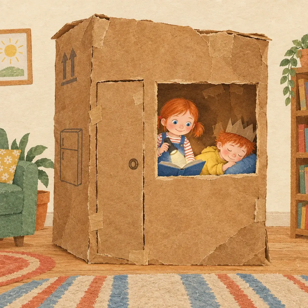 The box has become a house with a door and window; inside, Gus sleeps and Hattie reads by torchlight.