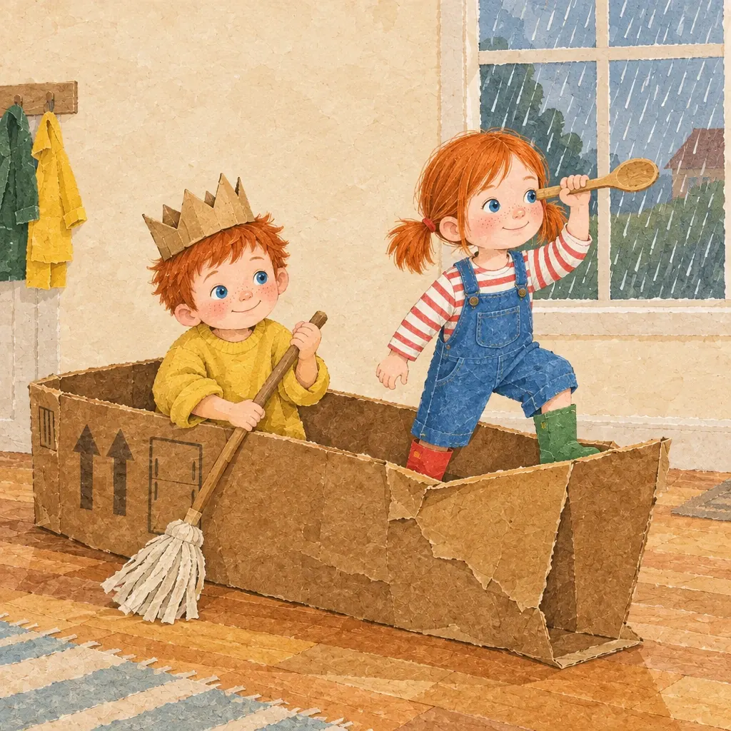The box lies on its side like a boat; Hattie looks through a spoon telescope and Gus rows with a mop.