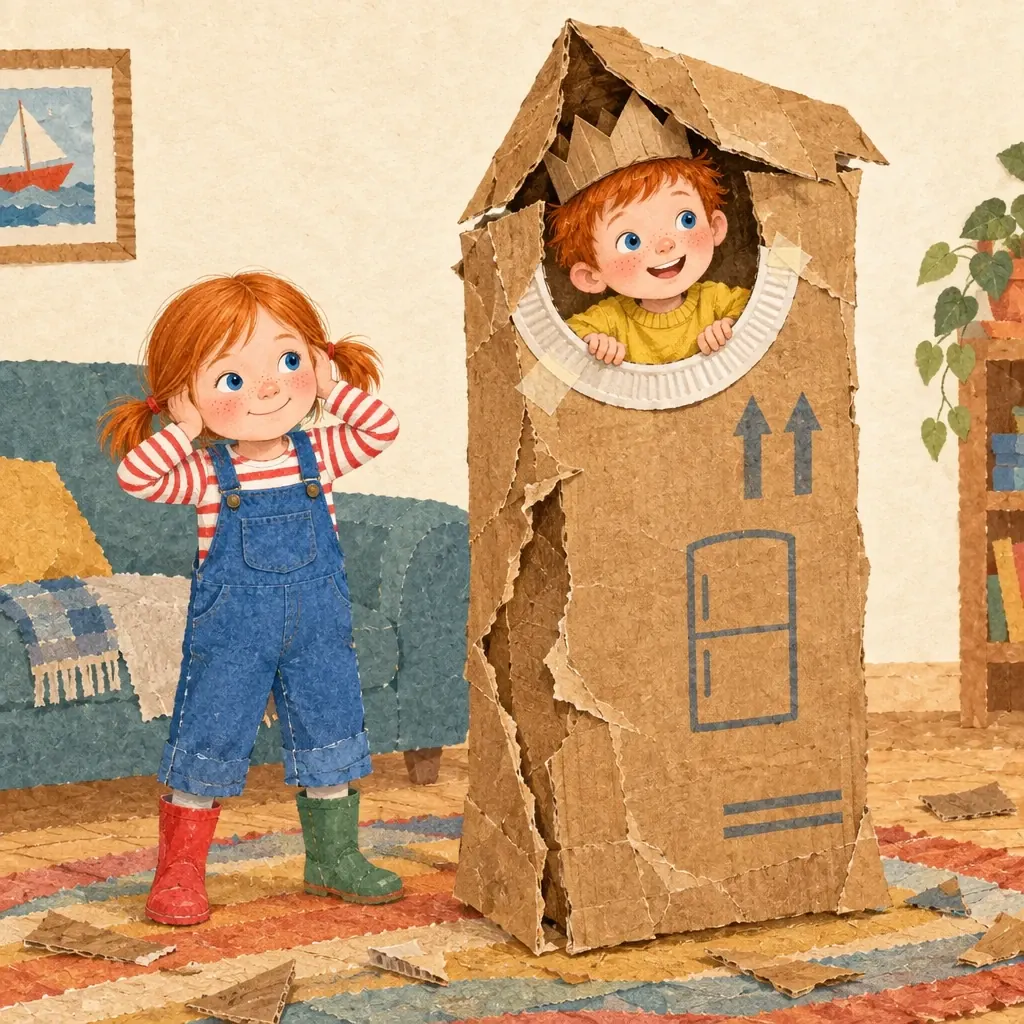 The box stands on end as a rocket, and its top is falling in on Gus mid-countdown.