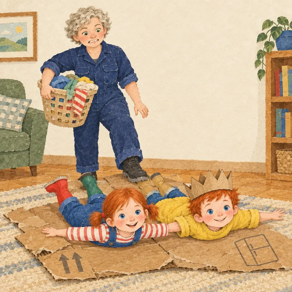 Mama steps on the flattened box with a laundry basket while the twins lie on it pretending to fly.