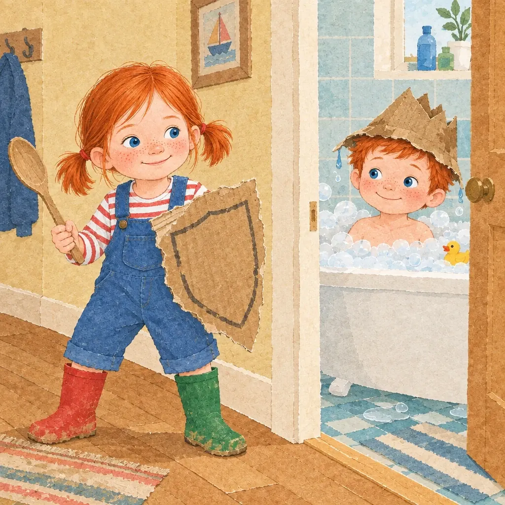 Hattie holds a cardboard shield in the hall while Gus sits in the bath wearing a soggy cardboard hat.