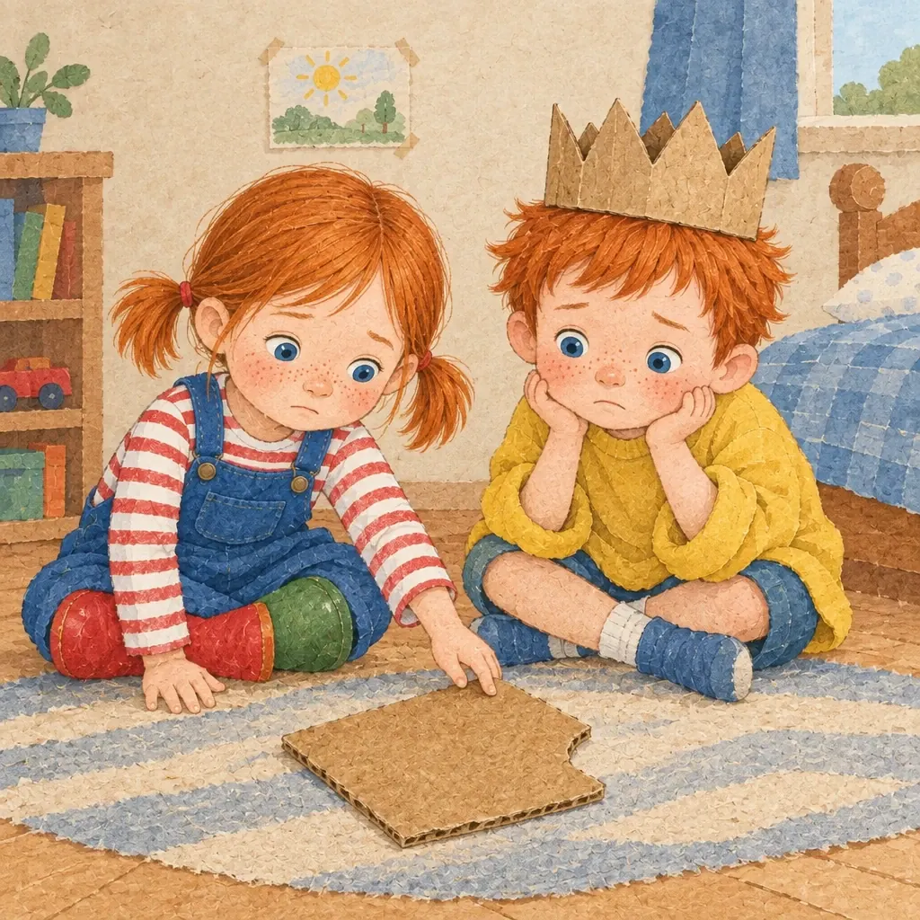 The twins sit on the floor with the last small scrap of cardboard, a bite missing from its corner.