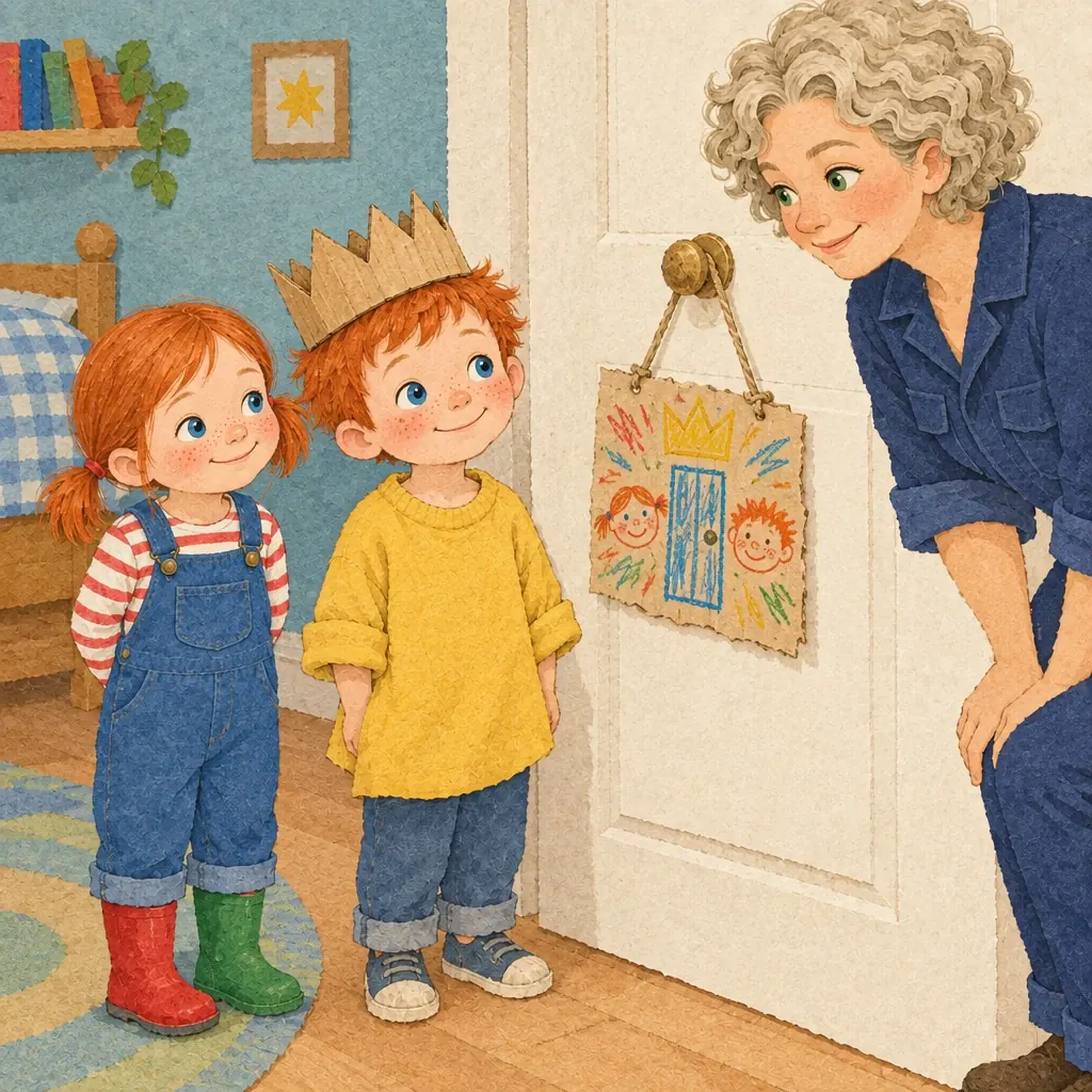 The last scrap of box hangs on the bedroom door, covered in crayon drawings, and the twins stand proudly beside it.