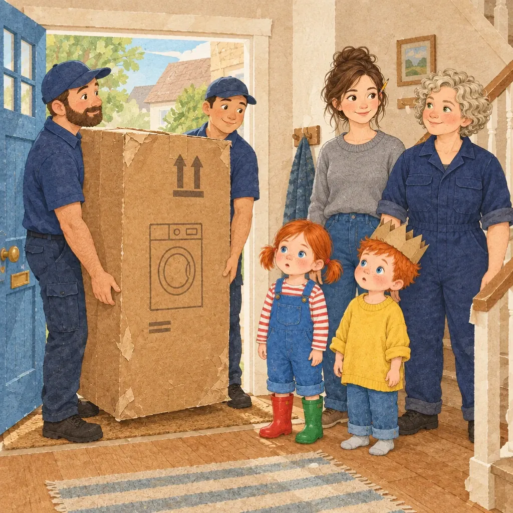Delivery men bring a washing machine in a big box, and the twins stare at the box, wide-eyed.