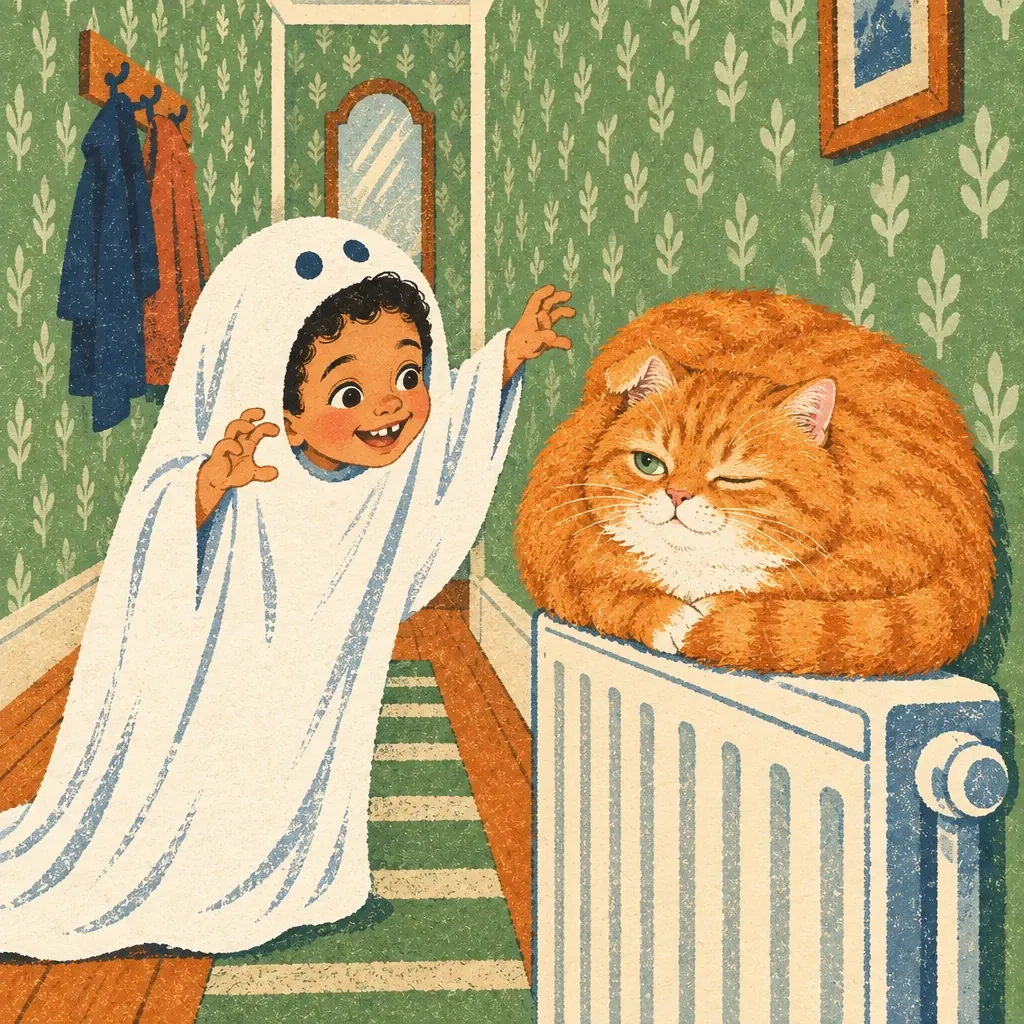 The ghost leans over Pudding the cat asleep on a radiator; Pudding barely opens one eye.