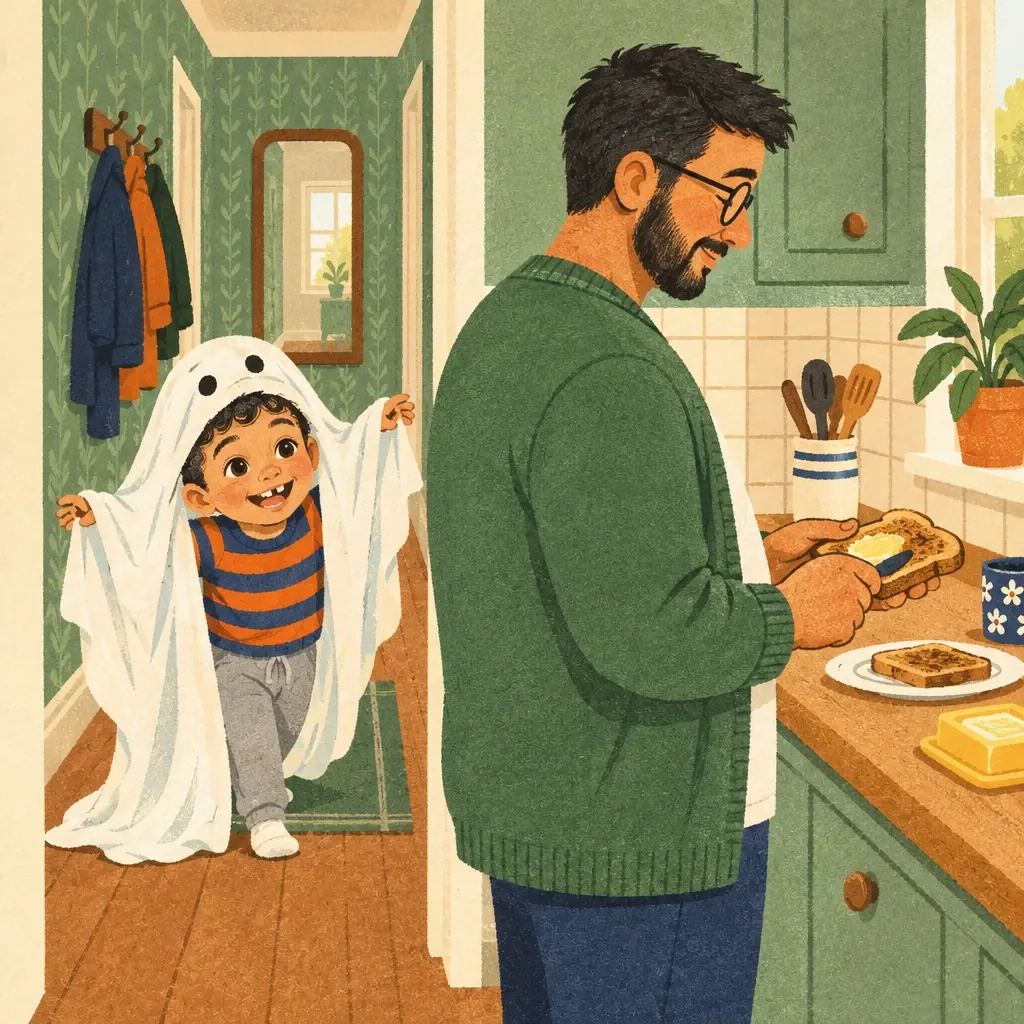 Dad butters toast with his back turned while the little ghost creeps up behind him with arms out.