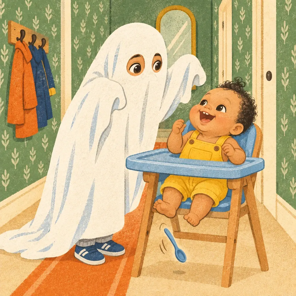 Baby Rae laughs in her high chair and drops her spoon as the ghost leans over her.