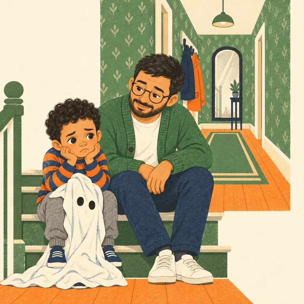 Dez sits glumly on the stairs with the sheet in his lap while Dad sits beside him.