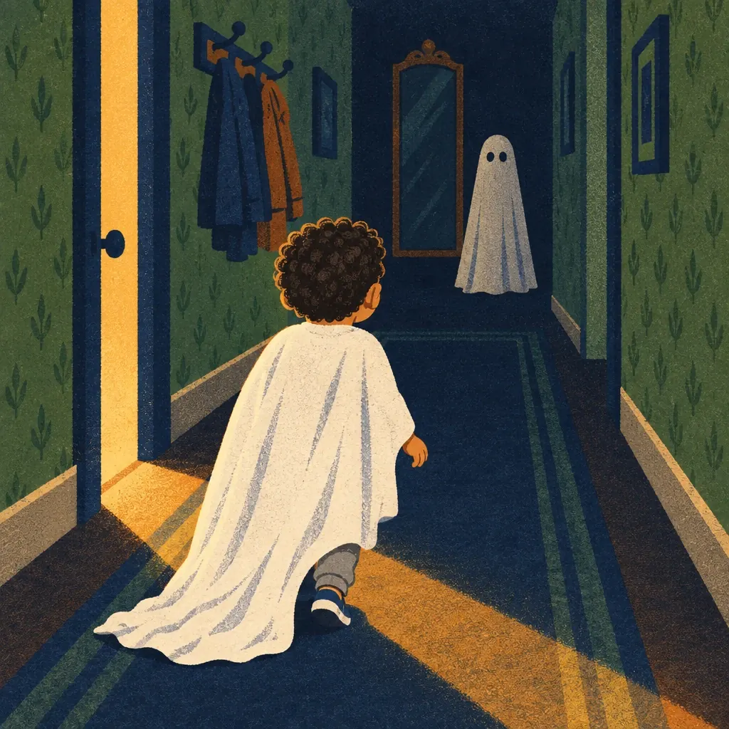 In the dark hall the little ghost walks toward a white shape with two black eyes waiting at the far end.