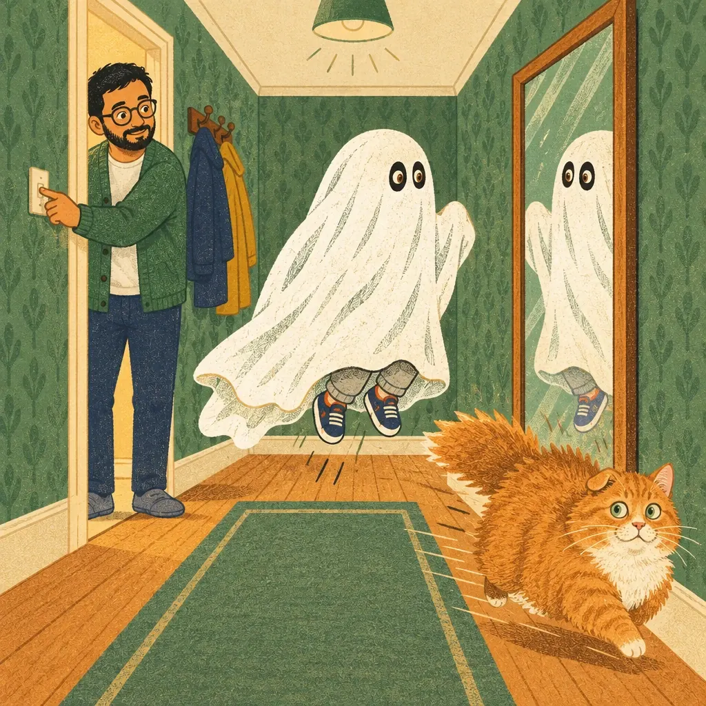 The light comes on: the ghost leaps in fright in front of the hall mirror while Pudding bolts away.