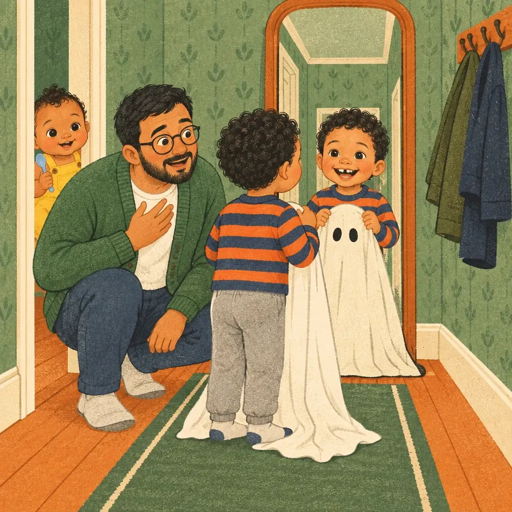 Dez holds his sheet in front of the mirror, starting to grin, while Dad pretends to be shaken.