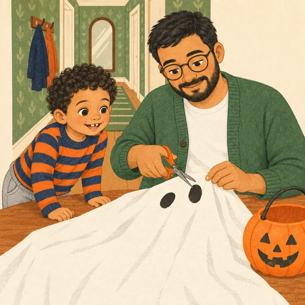 Dad cuts the eyeholes of the ghost sheet bigger while Dez watches, a pumpkin bucket on the table.