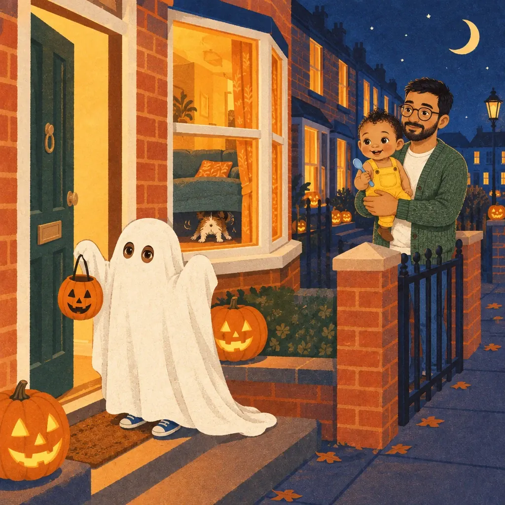 The ghost says boo at a front door while, through the window, a small dog dives under the sofa.